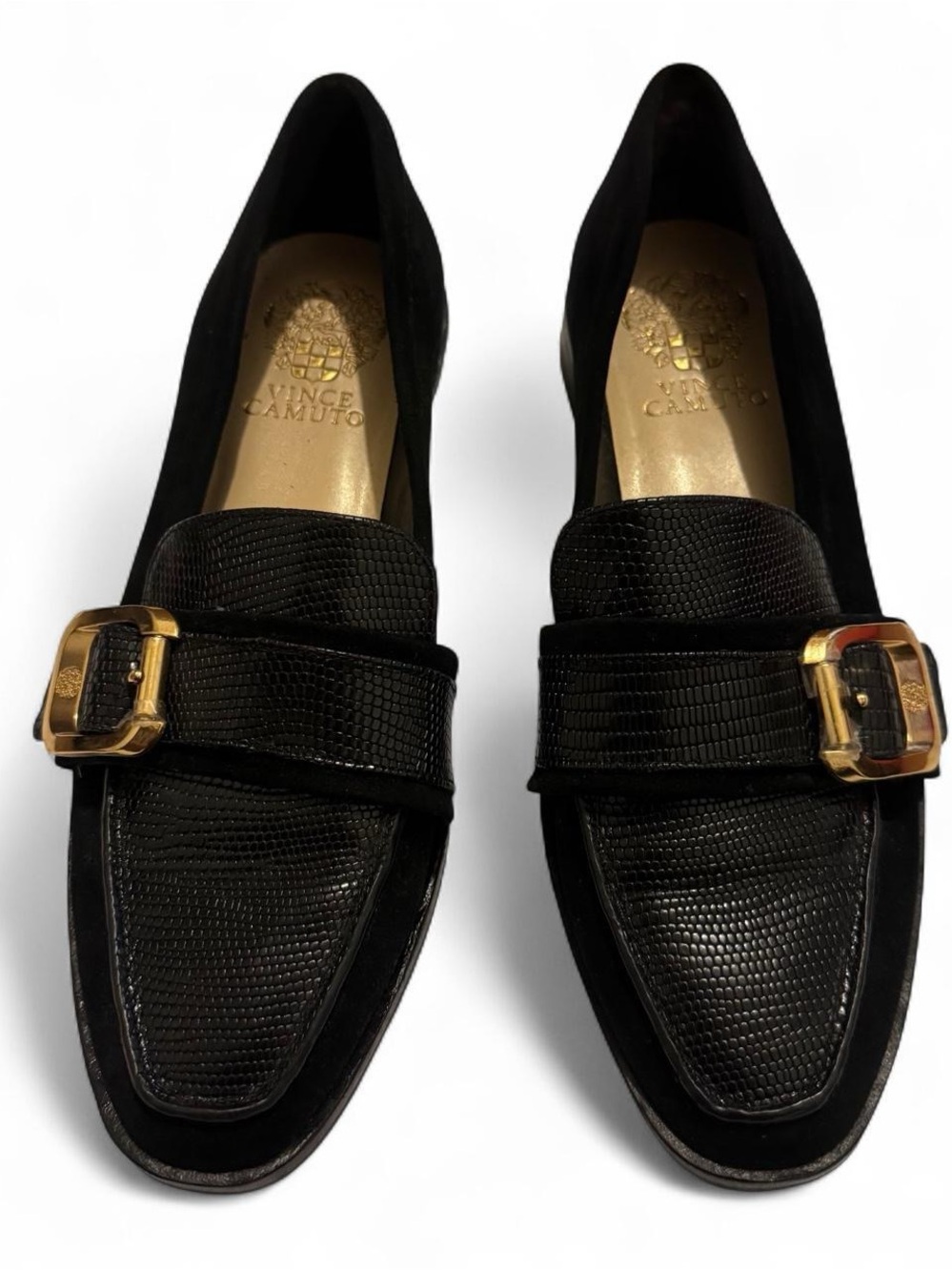 Vince Camuto Black Loafers with Gold Buckle